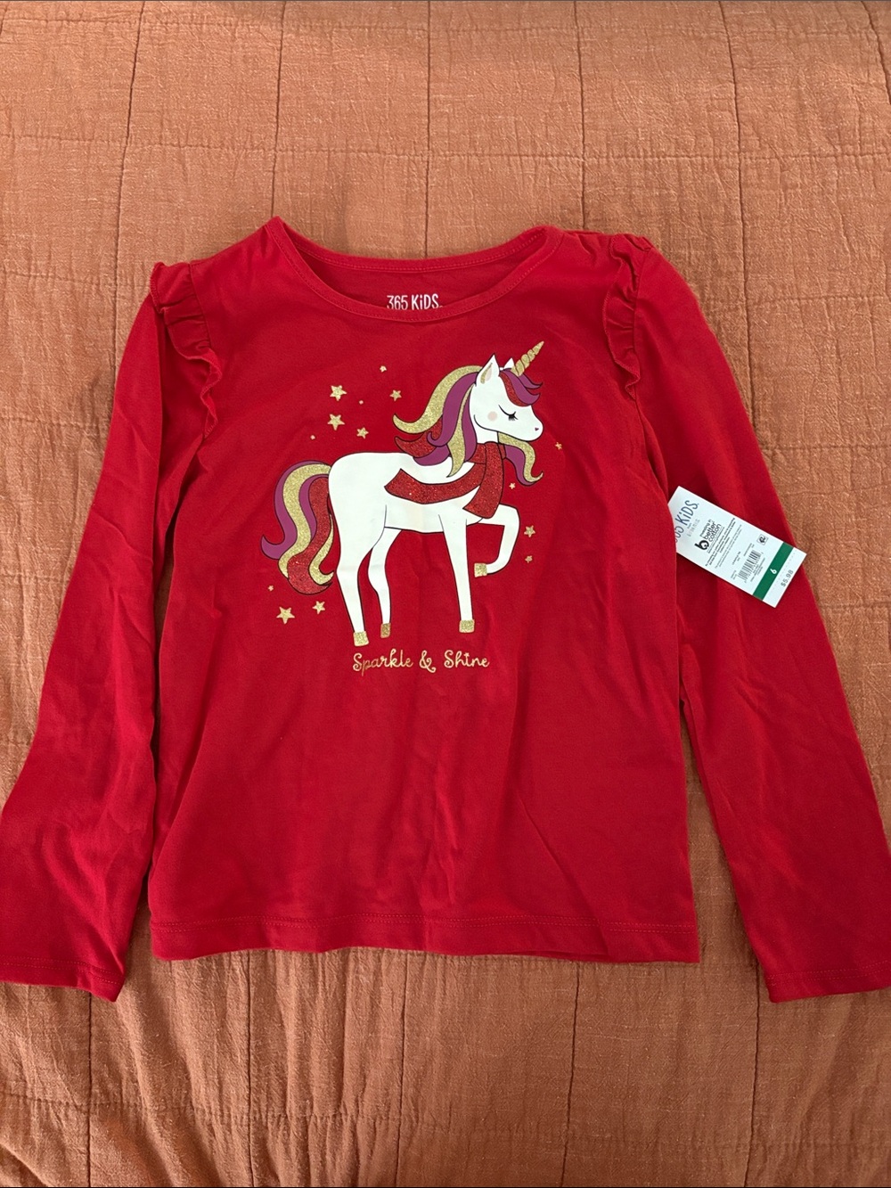 365 Kids Red Unicorn Long-Sleeve Tee with Ruffle Shoulders